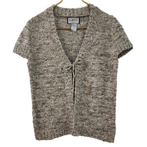 Mary McFadden Sequin Brown Short Sleeve Tie Front Sweater‎ Large